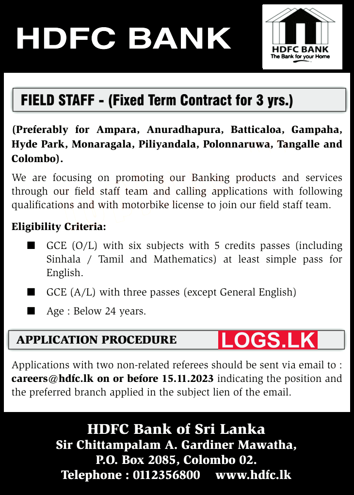 Field Staff HDFC Bank Vacancies 2024 Application Form, Details